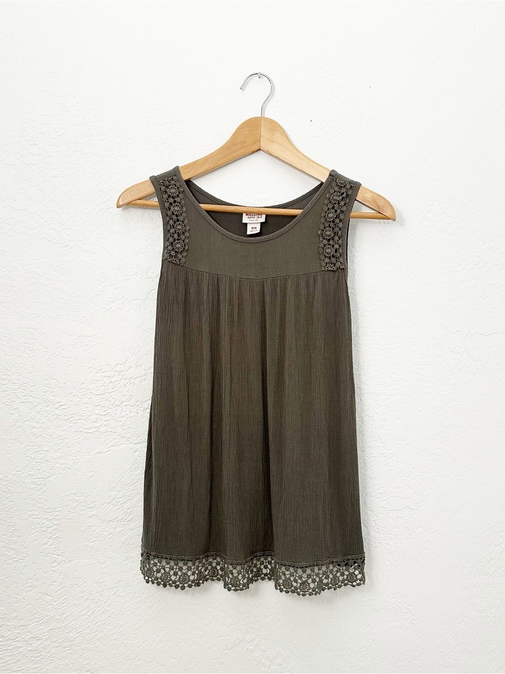 Mossimo Crinkle Gauze Crochet Detail Tank Top Brownish Olive Green